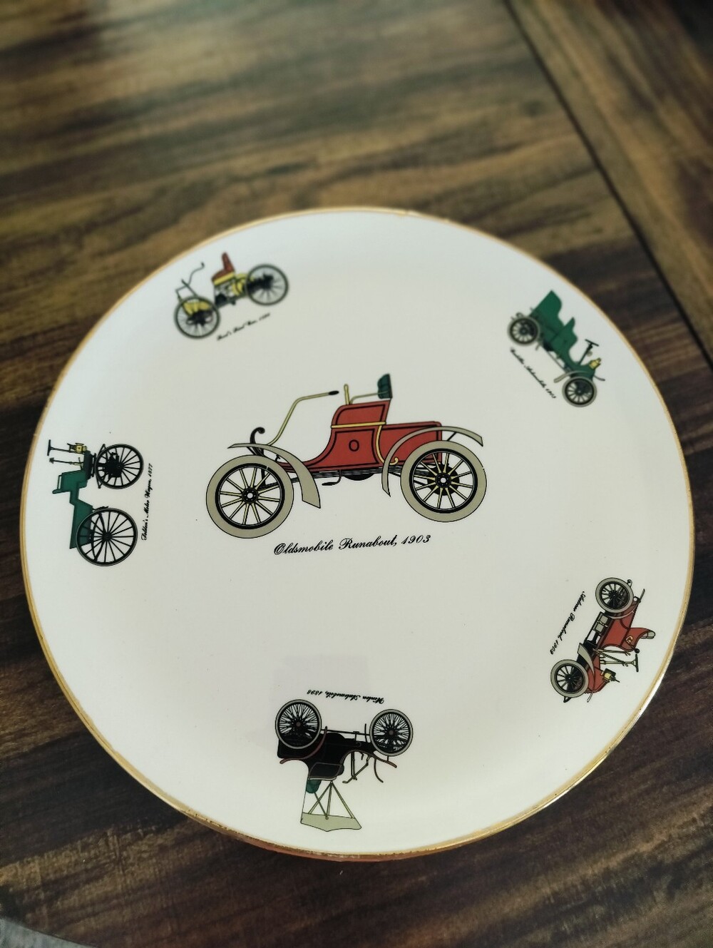 Mid-Century Crooksville China Iva-Lure 10" Plate, Antique Automobiles 22K Gold